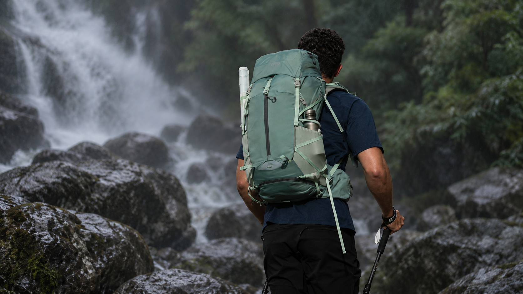 Hiker carrying a sage green INOXTO backpack beside a forest waterfall