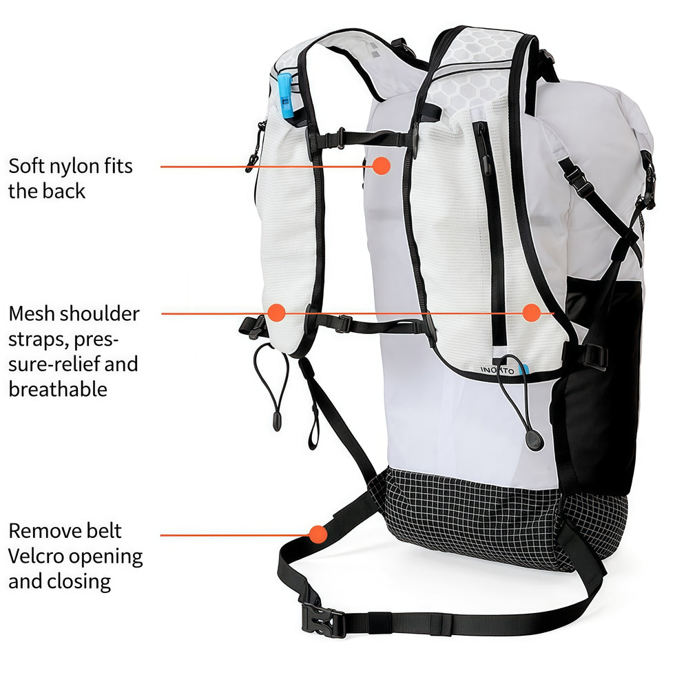 Soft back construction, breathable mesh straps and removable waist belt