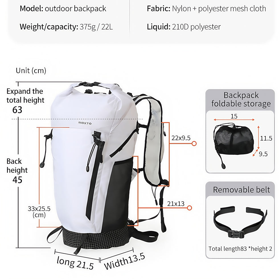 Twenty-two-litre dimensions, foldable storage and removable waist belt