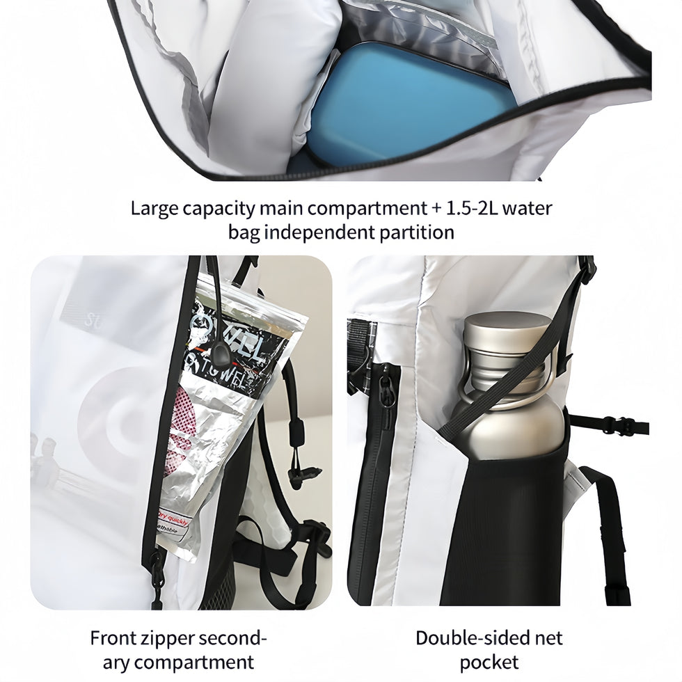 Main compartment with separate reservoir space, front zipper and side mesh pockets