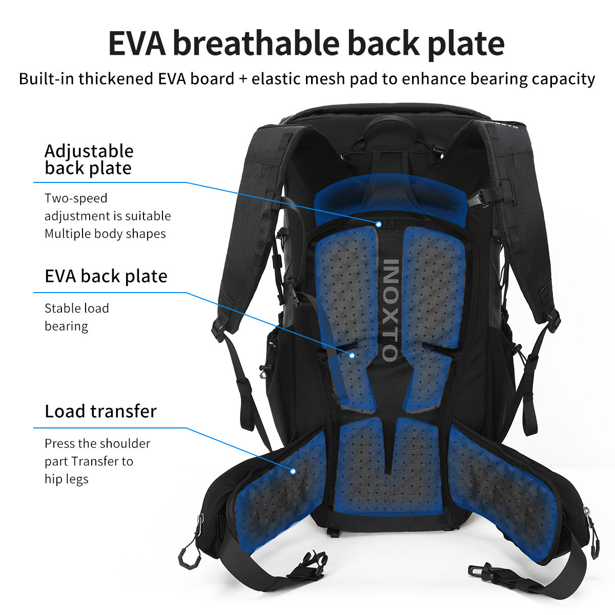 Two-position adjustable back panel, EVA cushioning and padded waist wings