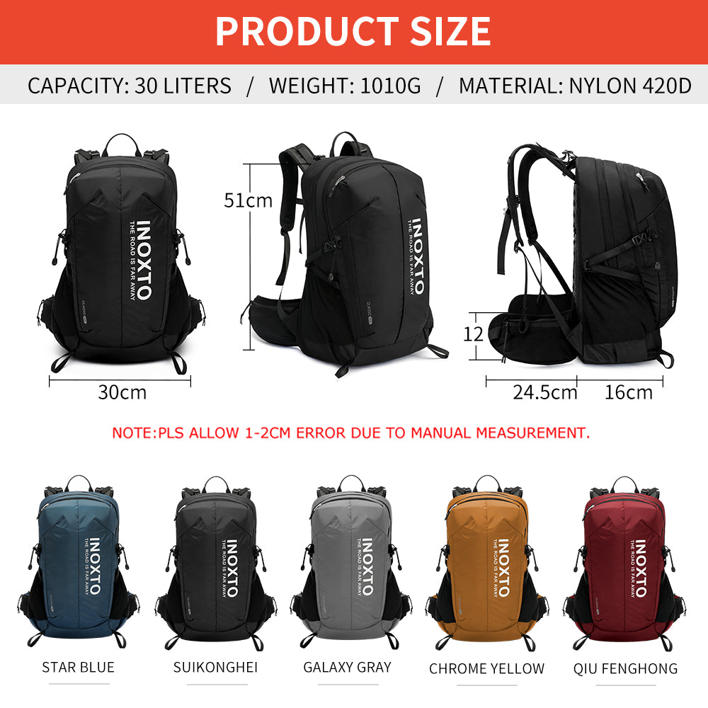Original 30 litre capacity, 1010 gram weight, 420D nylon and dimension diagram