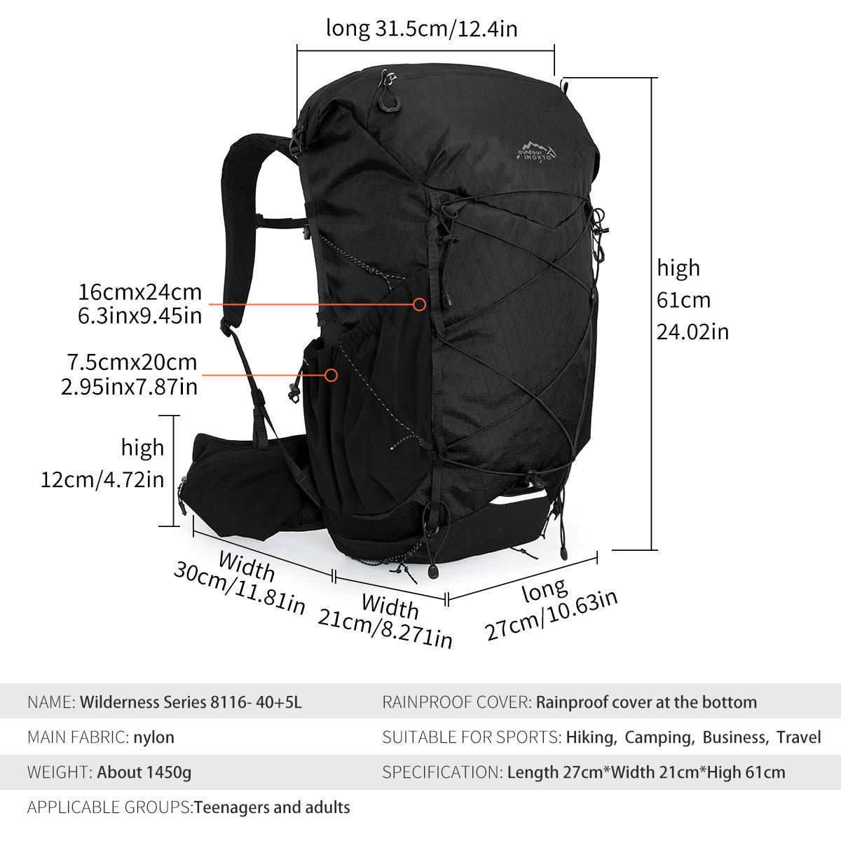 Original Wilderness 40 plus five litre capacity, 1450 gram weight and dimensions