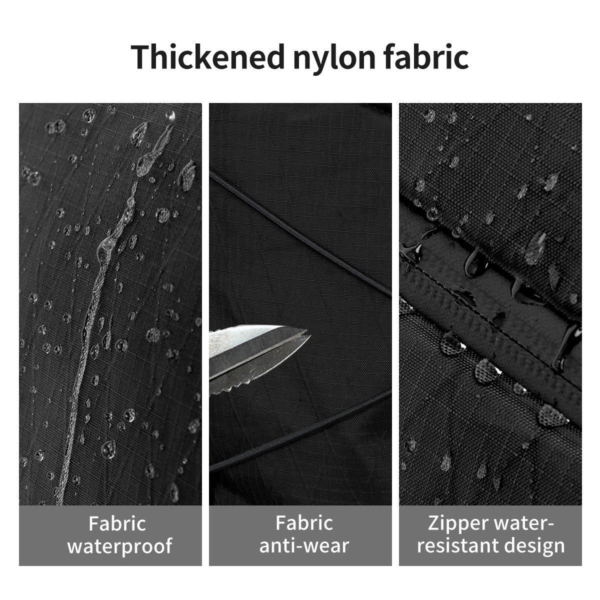 Nylon outer fabric and water-resistant zipper construction