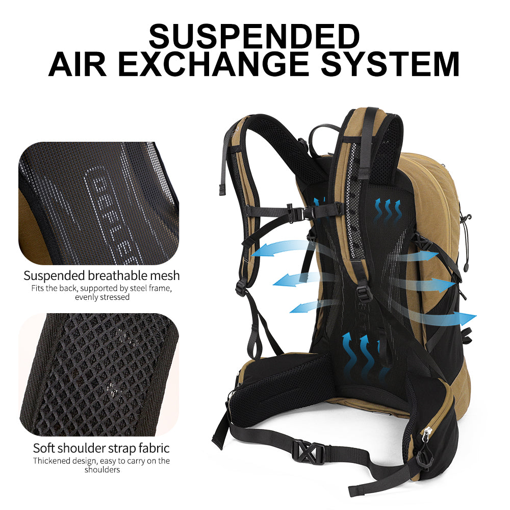 Suspended mesh back, supporting frame and padded waist belt