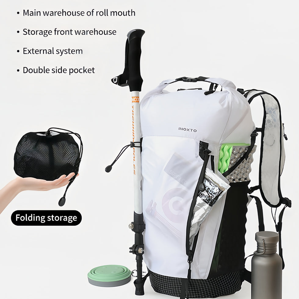 Packable storage, roll-top compartment and exterior equipment retention