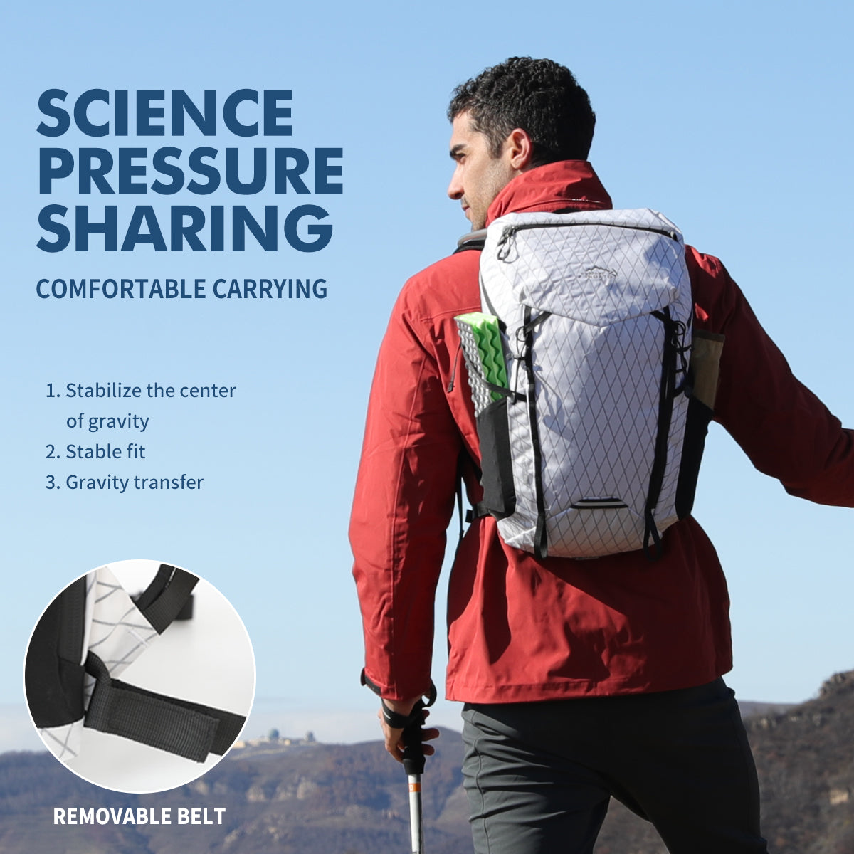 Wilderness backpack worn with removable stabilising waist belt