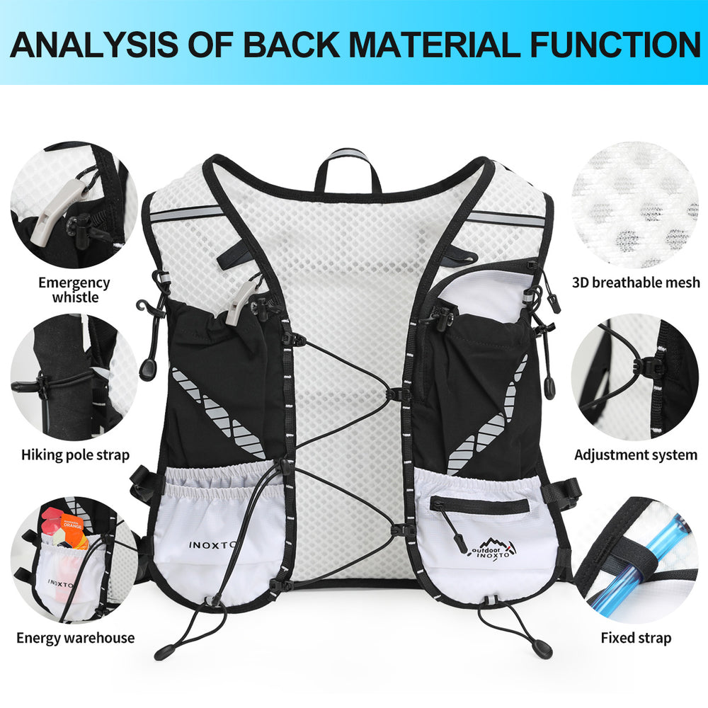 Emergency whistle, trekking pole strap, breathable mesh and front adjustment system