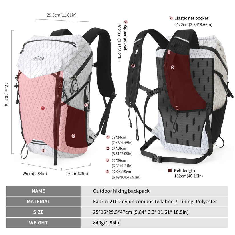 Original pocket measurements, backpack dimensions, material and 840 gram weight