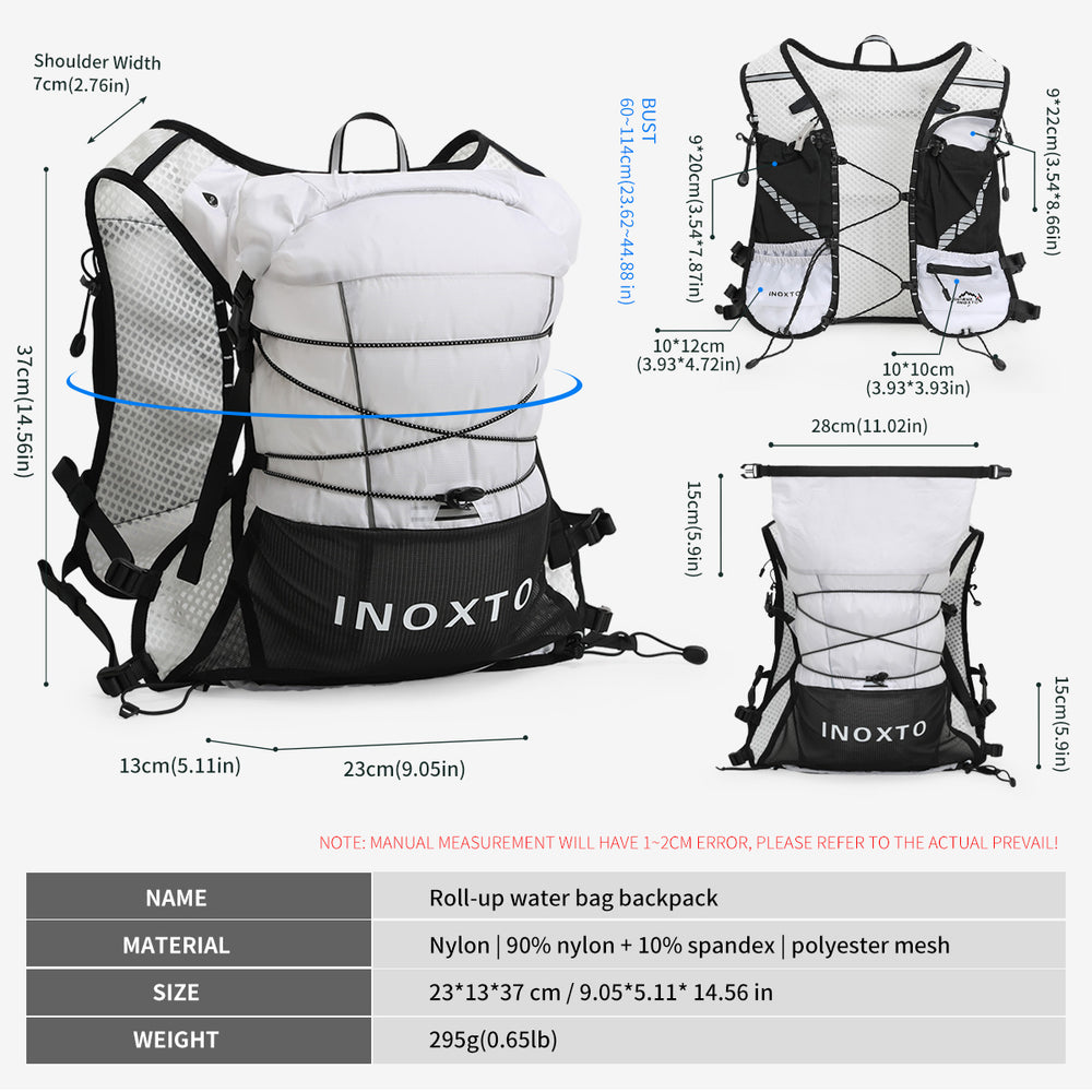 Roll-top vest dimensions, pocket dimensions, fabric composition and 295 g weight