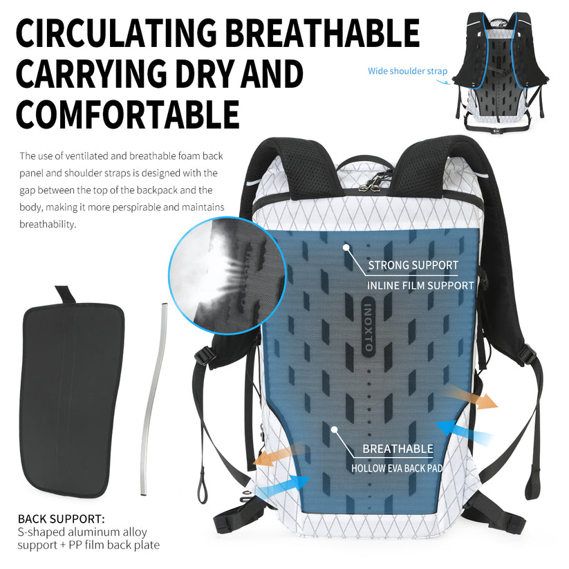 Aluminium support, PP back plate, ventilated EVA pad and broad shoulder straps