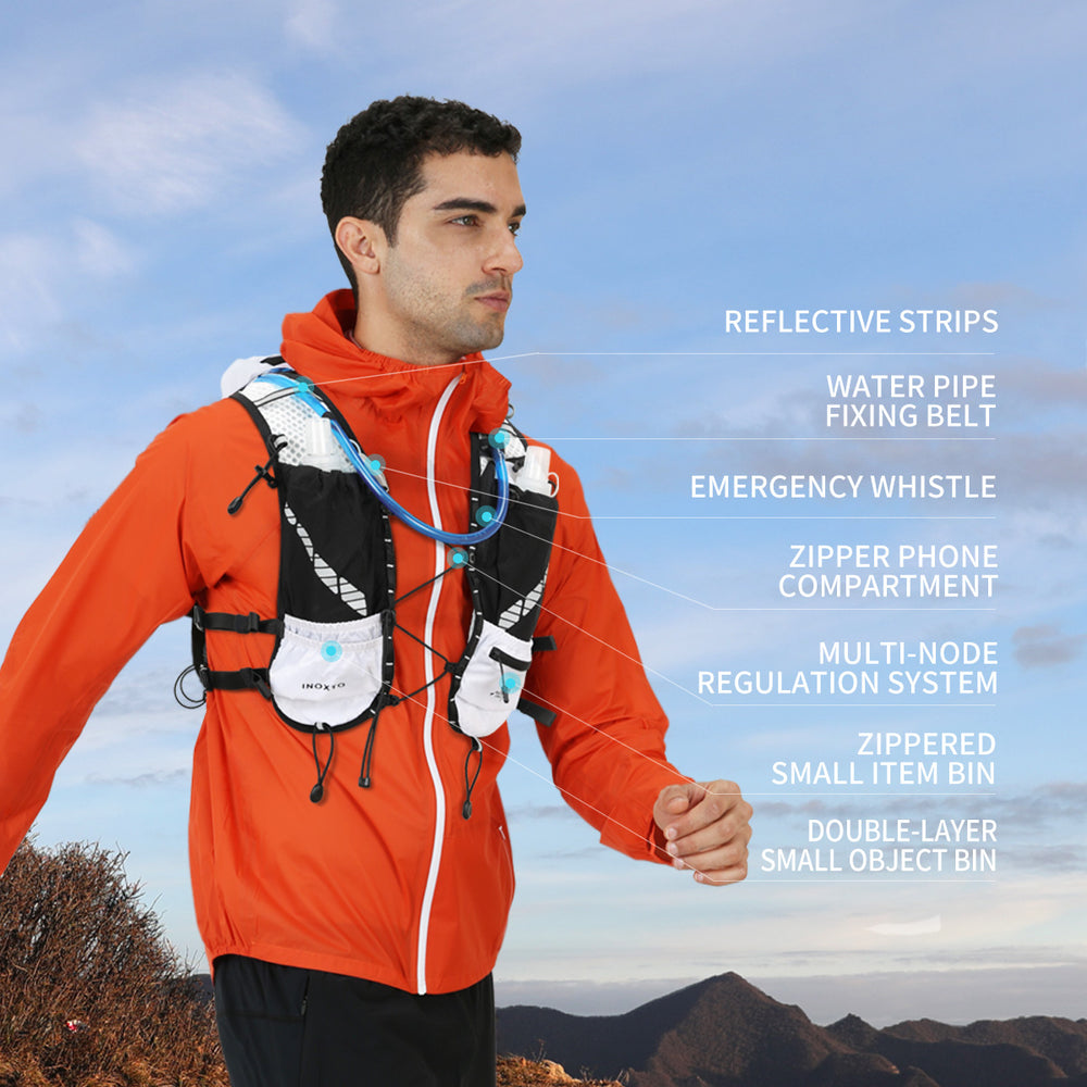 Reflective strips, drinking tube retainer, emergency whistle, phone pocket and layered small-item pockets