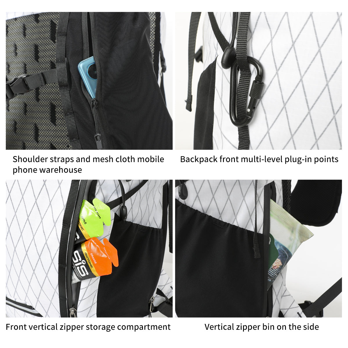 Shoulder phone pocket, front attachment points and front and side zipped pockets