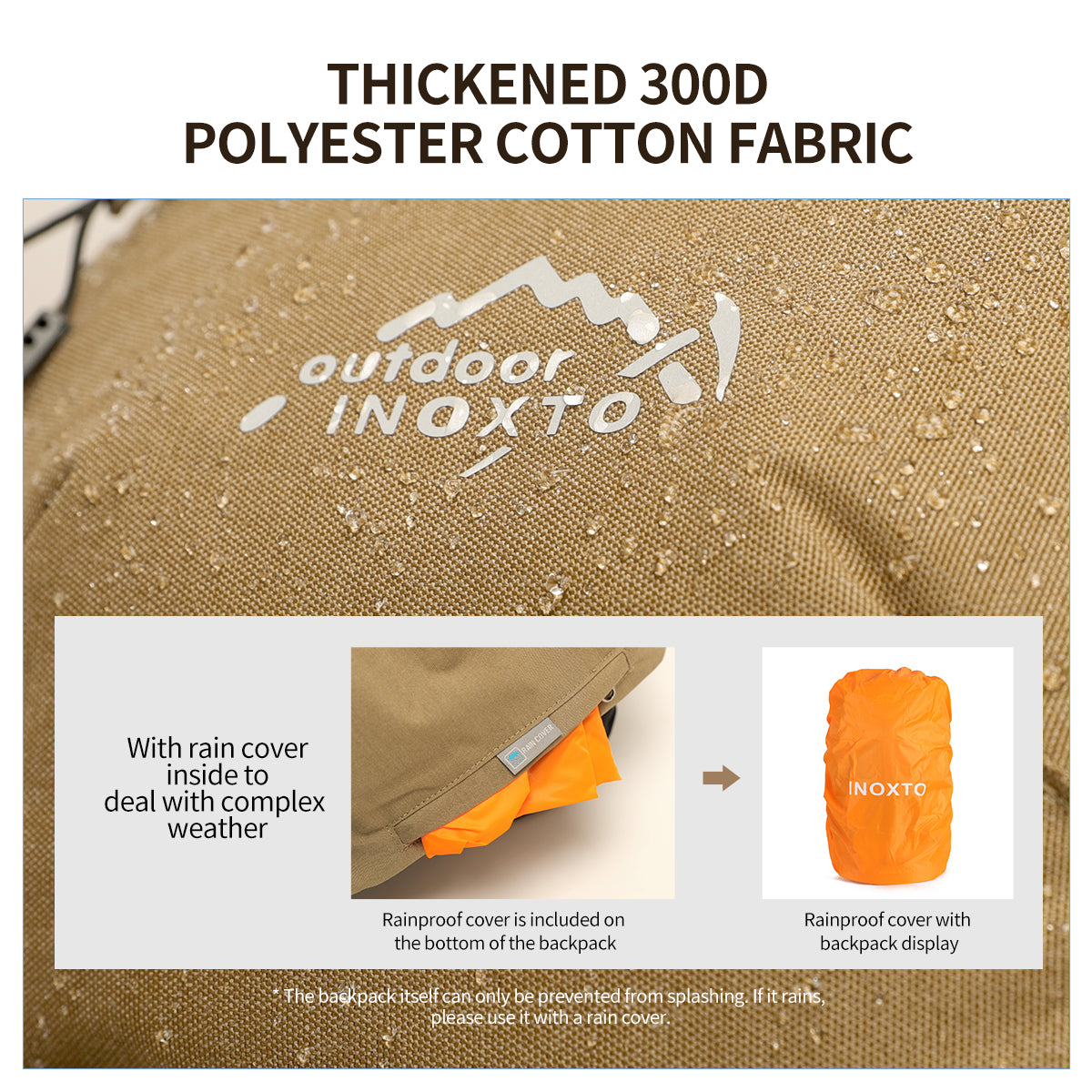300D fabric and included orange rain cover stored at the bottom
