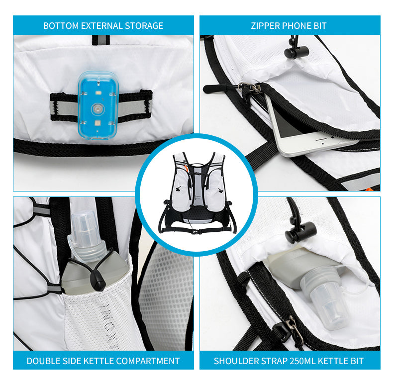Zipped phone pocket, bottle storage and lower attachment point