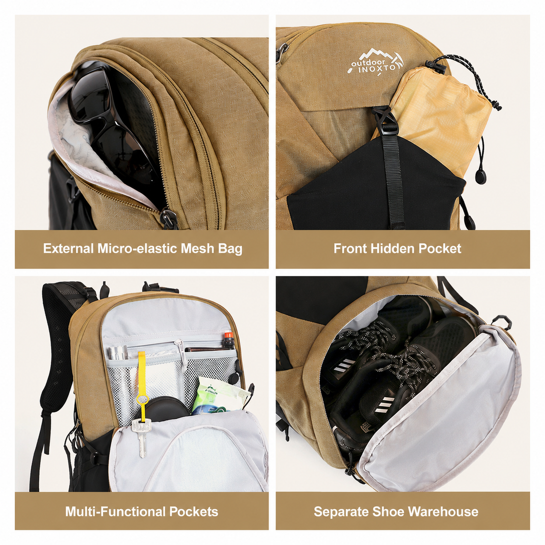 Zipped small-item storage, front stretch pocket, organiser and lower shoe compartment