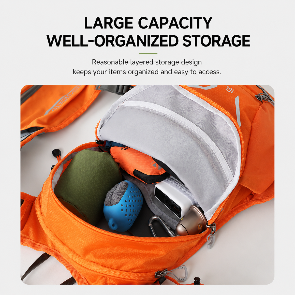 Layered zipped storage and main compartment organisation