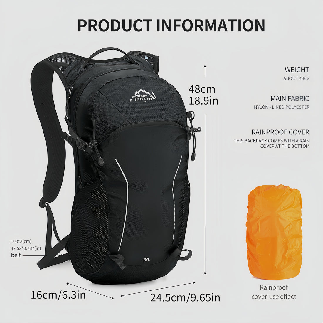 18 L backpack dimensions, approximate 480 g weight and supplied rain cover