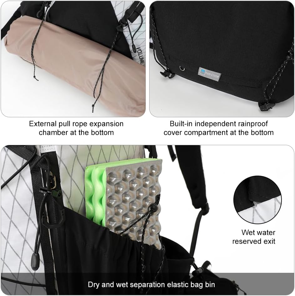 Bottom gear cords, separate rain cover compartment and draining side storage