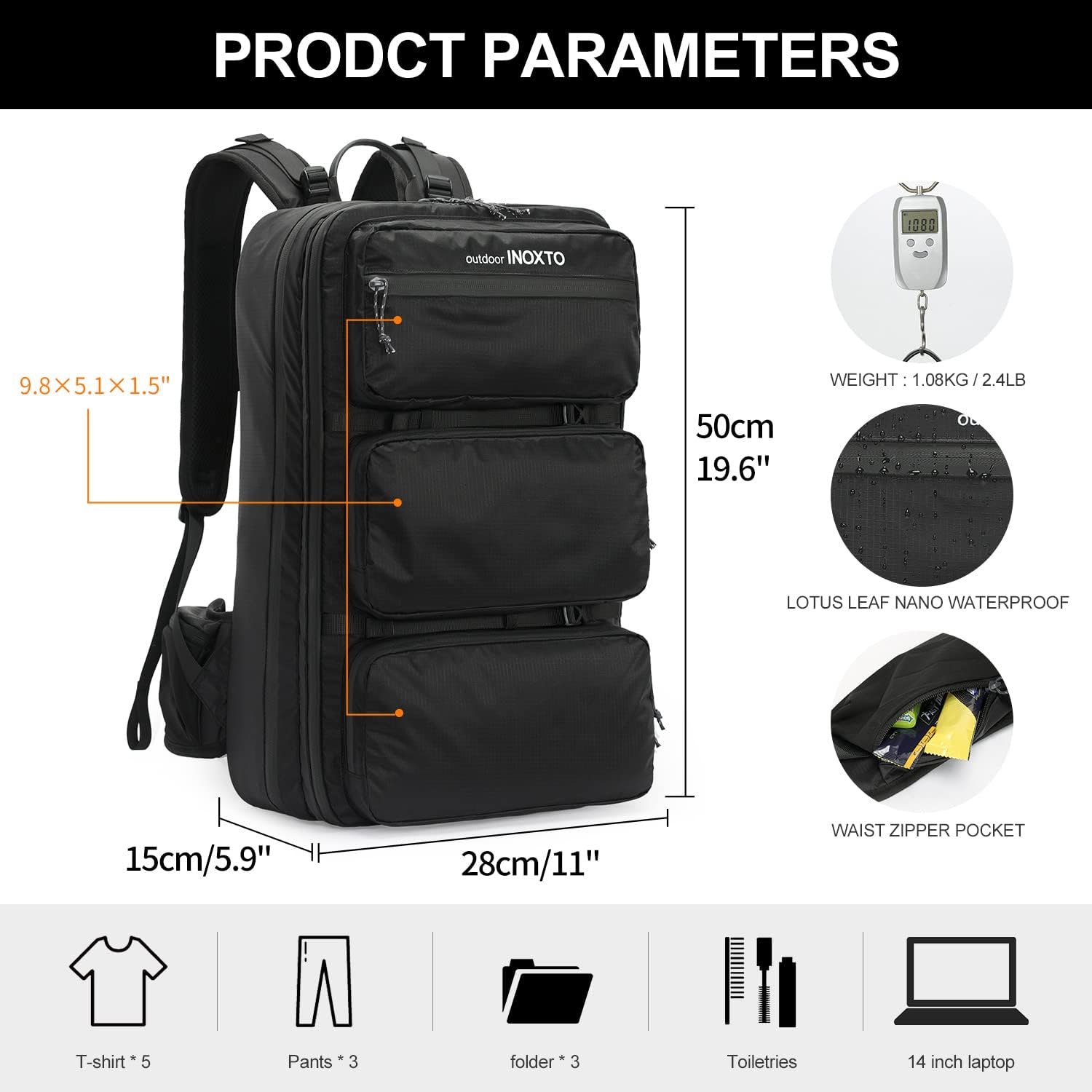 advantage laptop backpack outdoor INOXTO 35 Travel Daypack, Flight Approved Carry on Backpack Gray