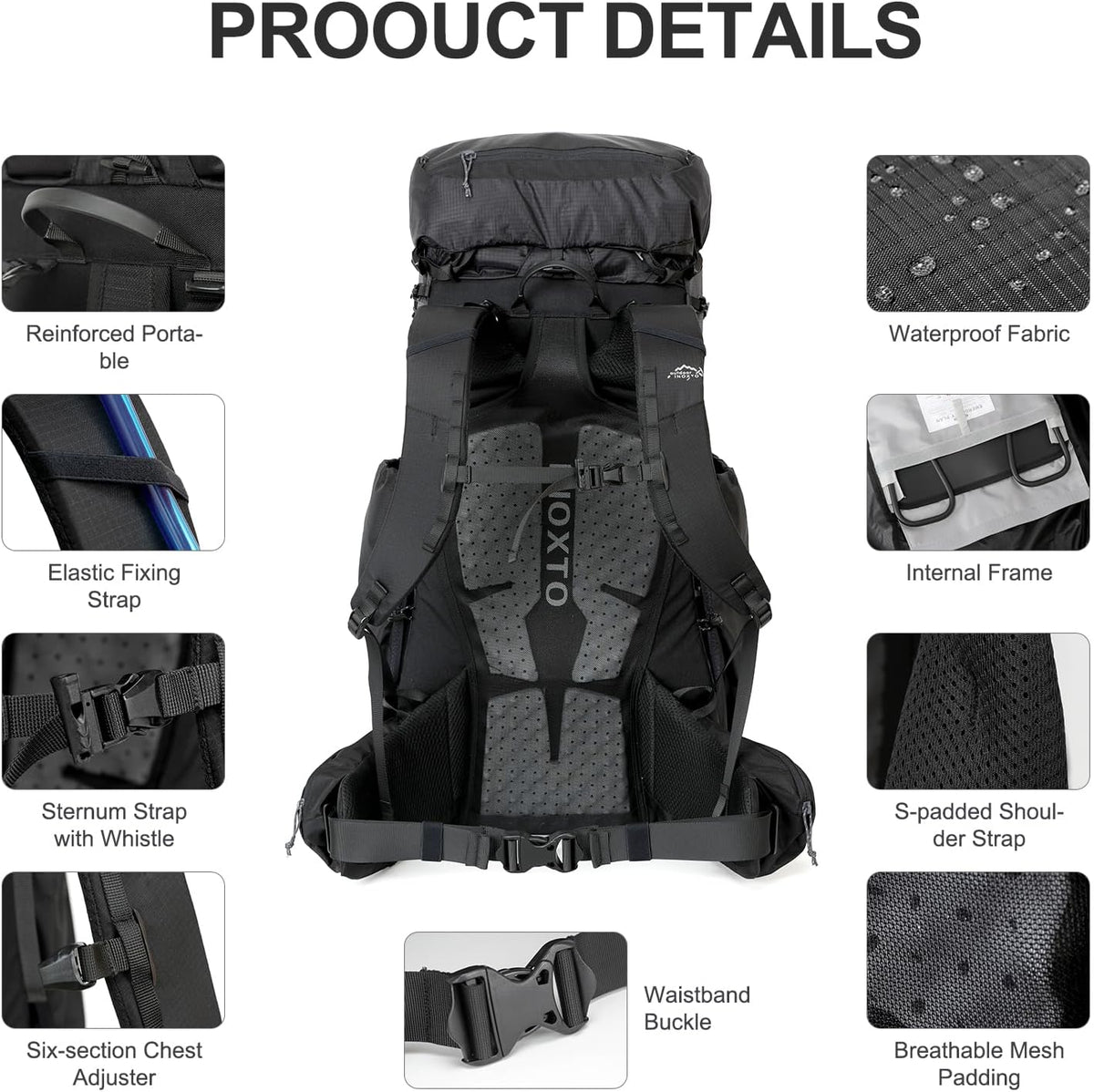 Internal frame, padded shoulders, whistle and sternum adjustment