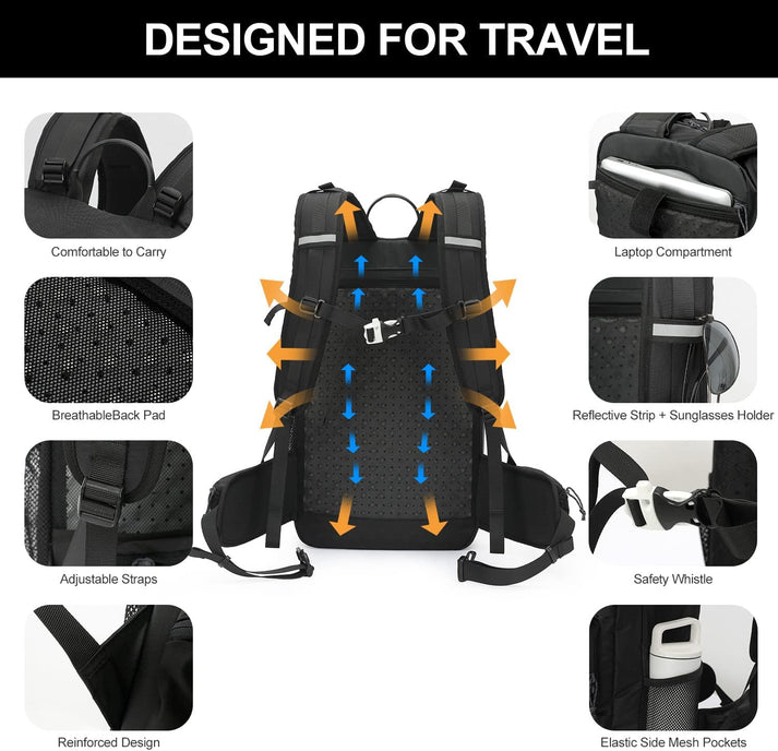 Breathable back padding, adjustable straps, whistle and reflective details
