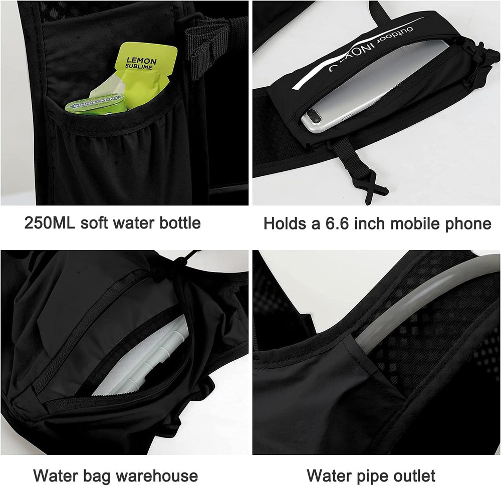 Front hydration and phone pockets, rear reservoir compartment and tube outlet