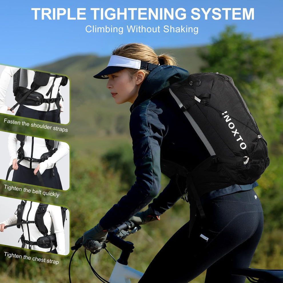 Shoulder, waist and chest strap adjustment demonstrated on the illustrated pack