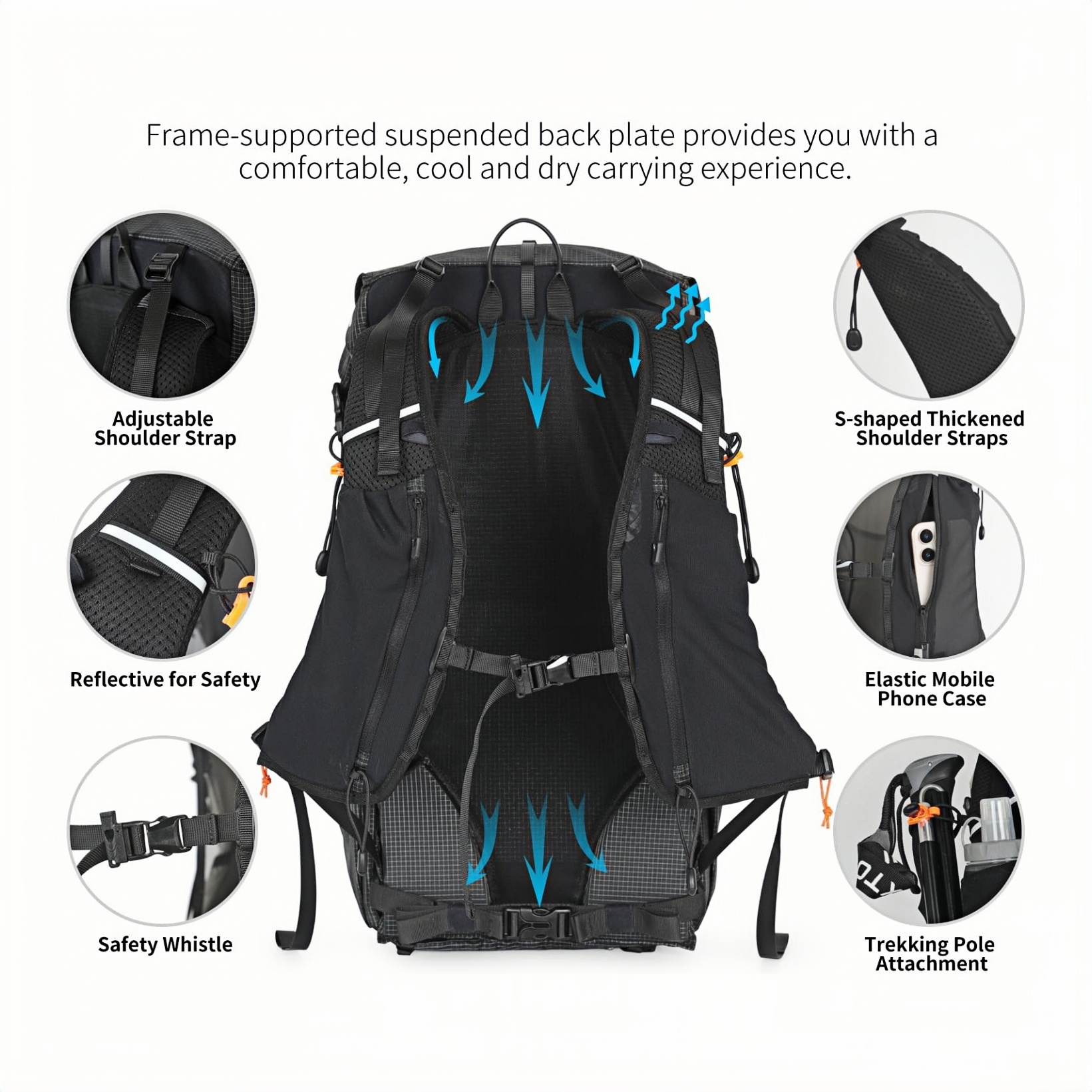 Wire-supported mesh back, padded straps, reflective details and safety whistle