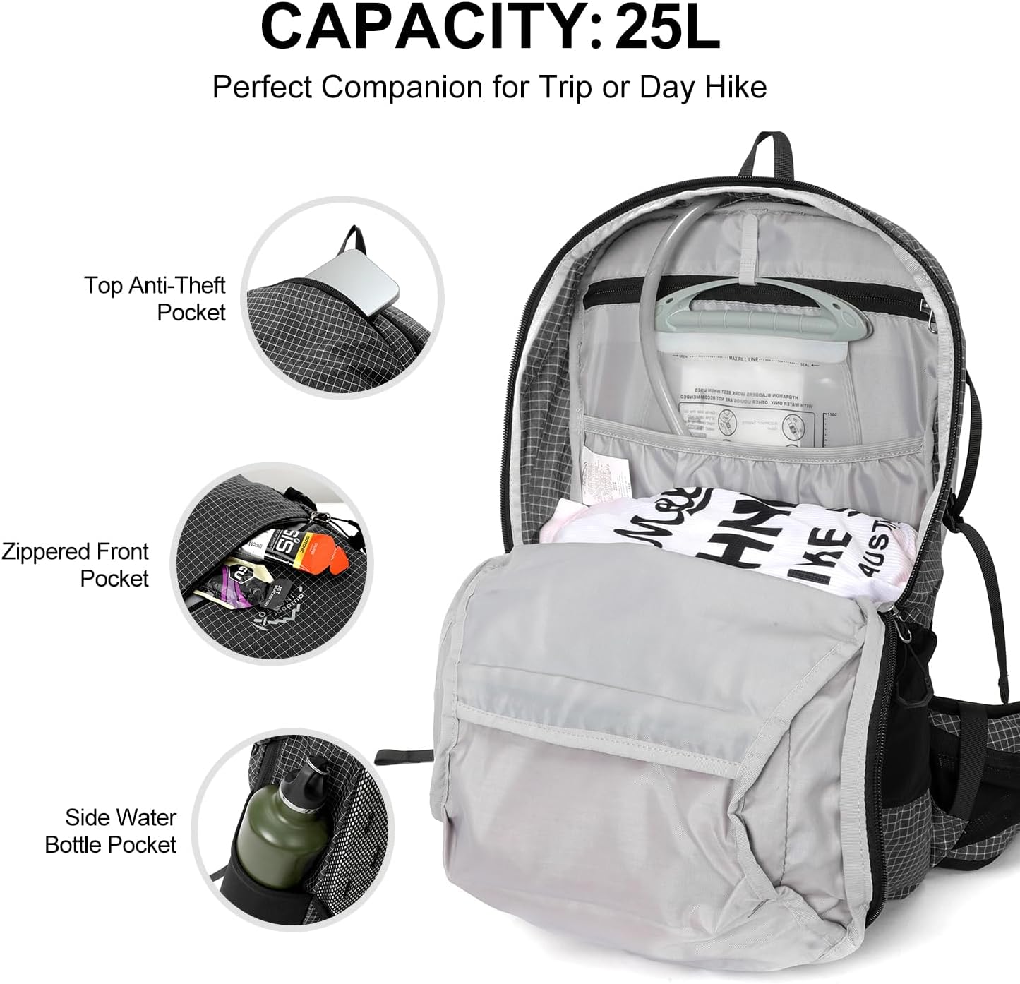 Zaino Da Trekking Con Sacca D'Acqua 2L, 20 Litri, Idratazione Per Escursionismo, Ciclismo E Corsa, Leggero Con Tasche Multiple, Uomo E Donna