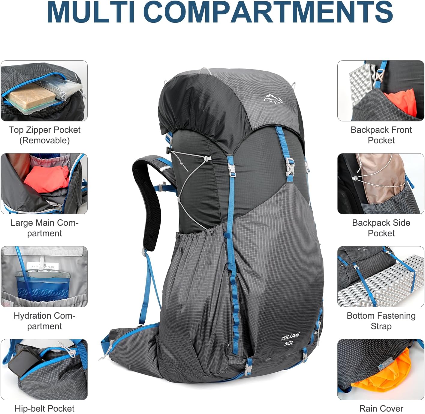 best 55l hiking backpack 55L Hiking Backpack Gray