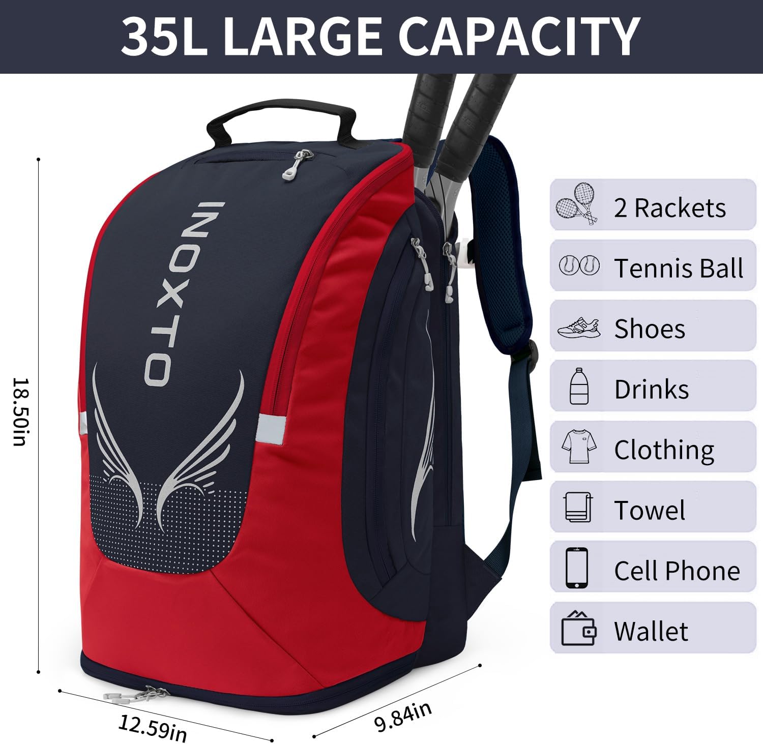 INOXTO  40L Tennis Bags for Women and Men Large Tennis Backpack - OUTDOOR INOXTO