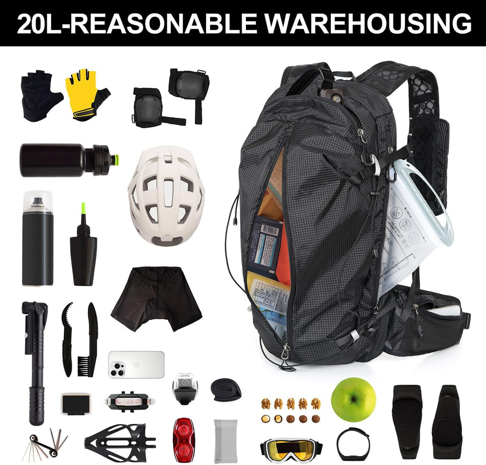 Twenty-litre storage illustration showing clothing, hydration and outdoor essentials