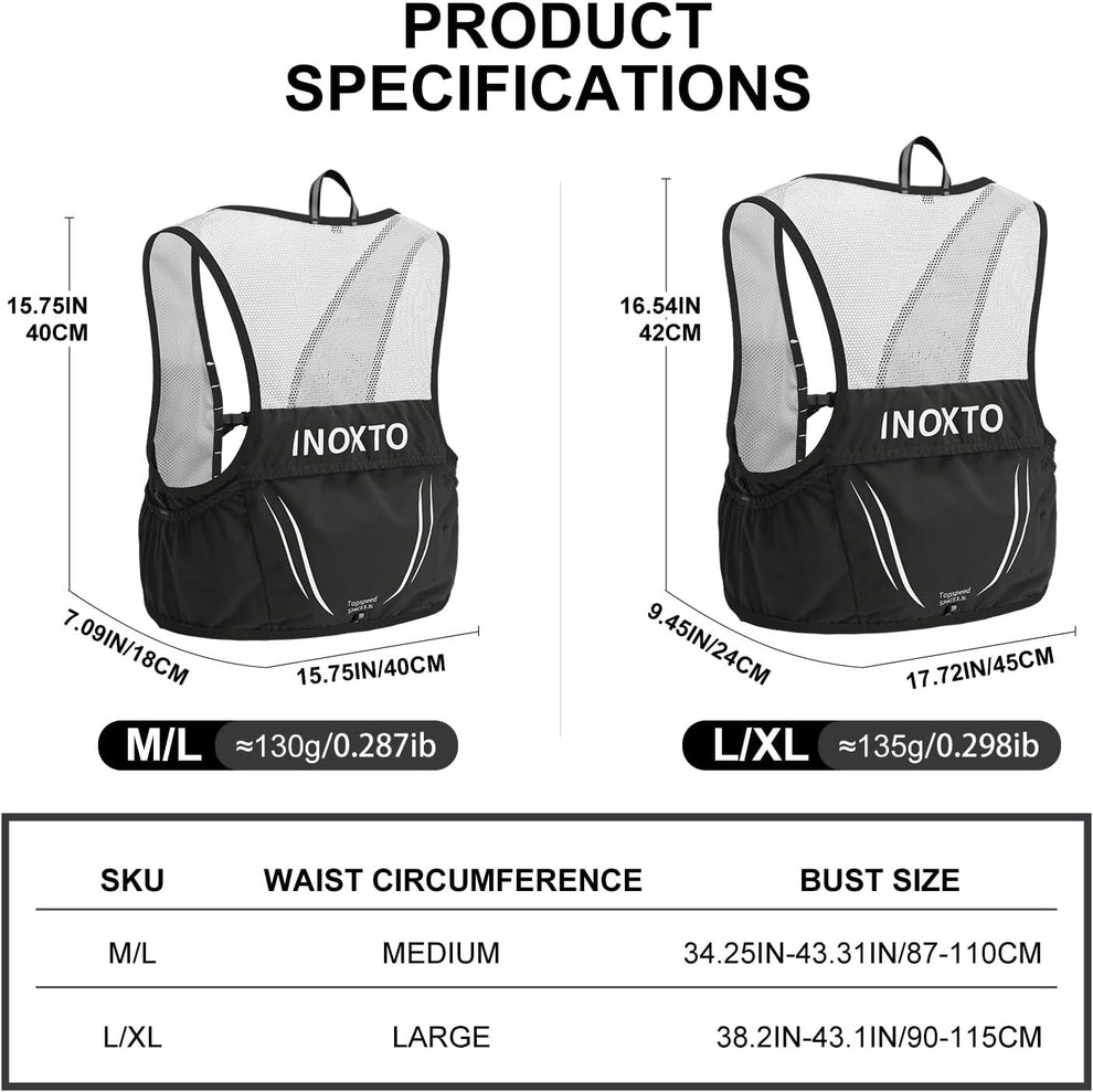 Size chart showing M/L 130 g and L/XL 135 g, dimensions and chest measurements