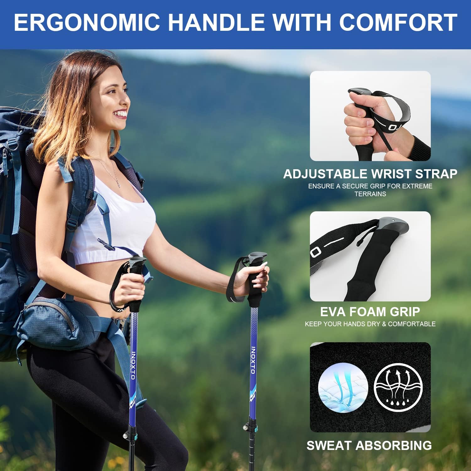 INOXTO Aircraft-Grade Aluminum Trekking Poles - 2-Pc Pack Lightweight Collapsible Nordic Hiking Poles - OUTDOOR INOXTO