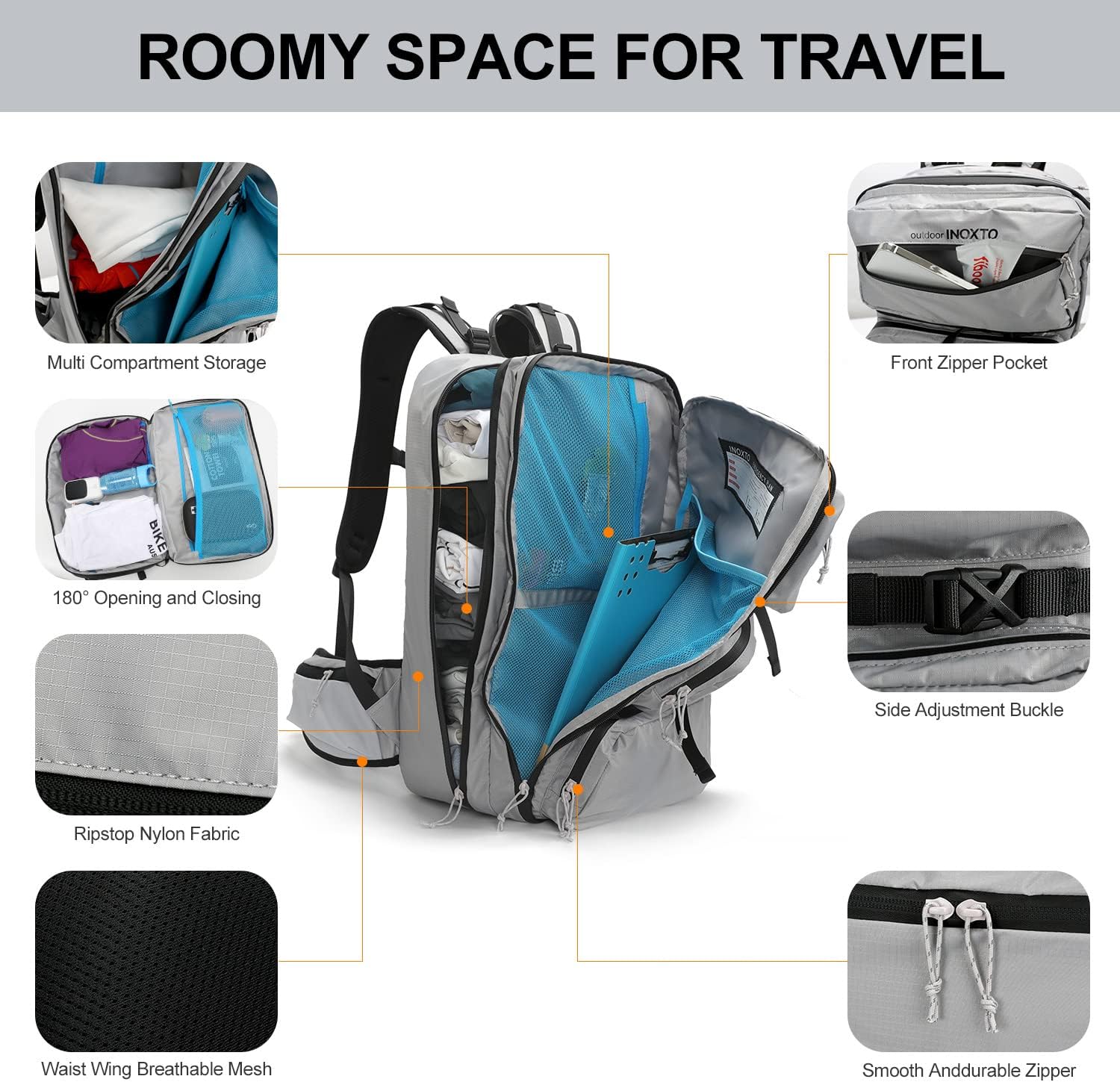 backpack with laptop compartment INOXTO 35 Travel Daypack, Flight Approved Carry on Backpack Gray
