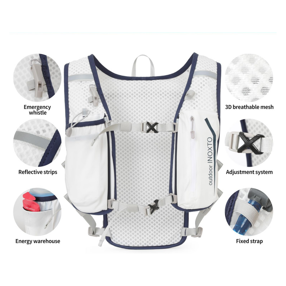 Emergency whistle, reflective strips, breathable mesh, chest adjustment and drinking tube retention