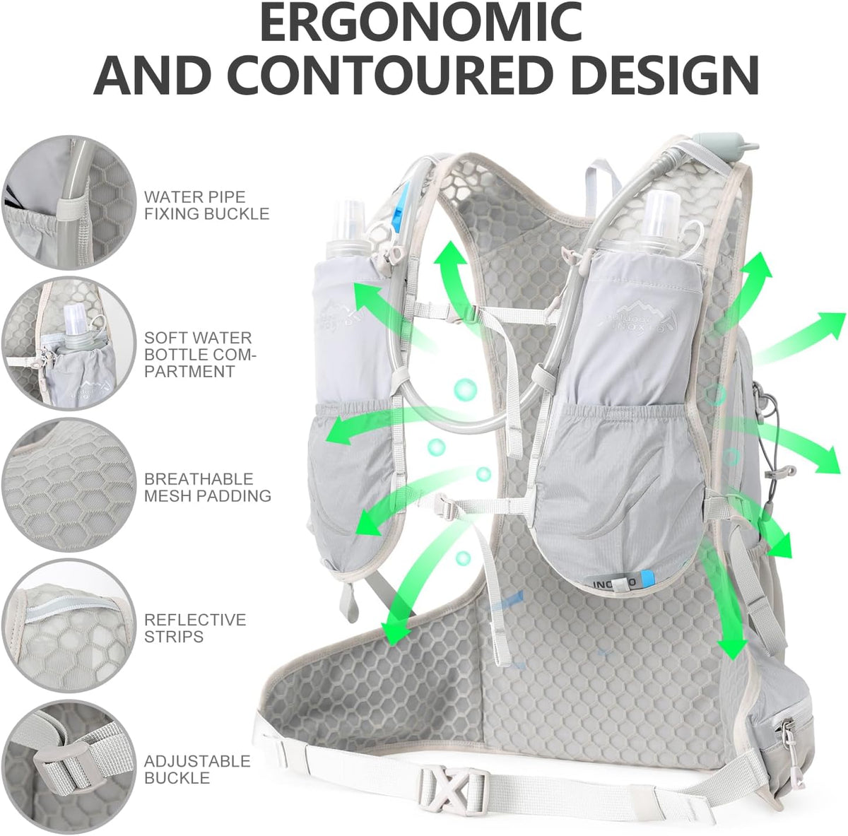 Breathable mesh shoulder panels, chest bottle pockets, hose keeper and adjustable buckles