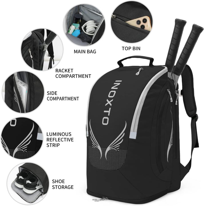 Dedicated racket compartment, main storage, top pocket, side compartment and shoe storage