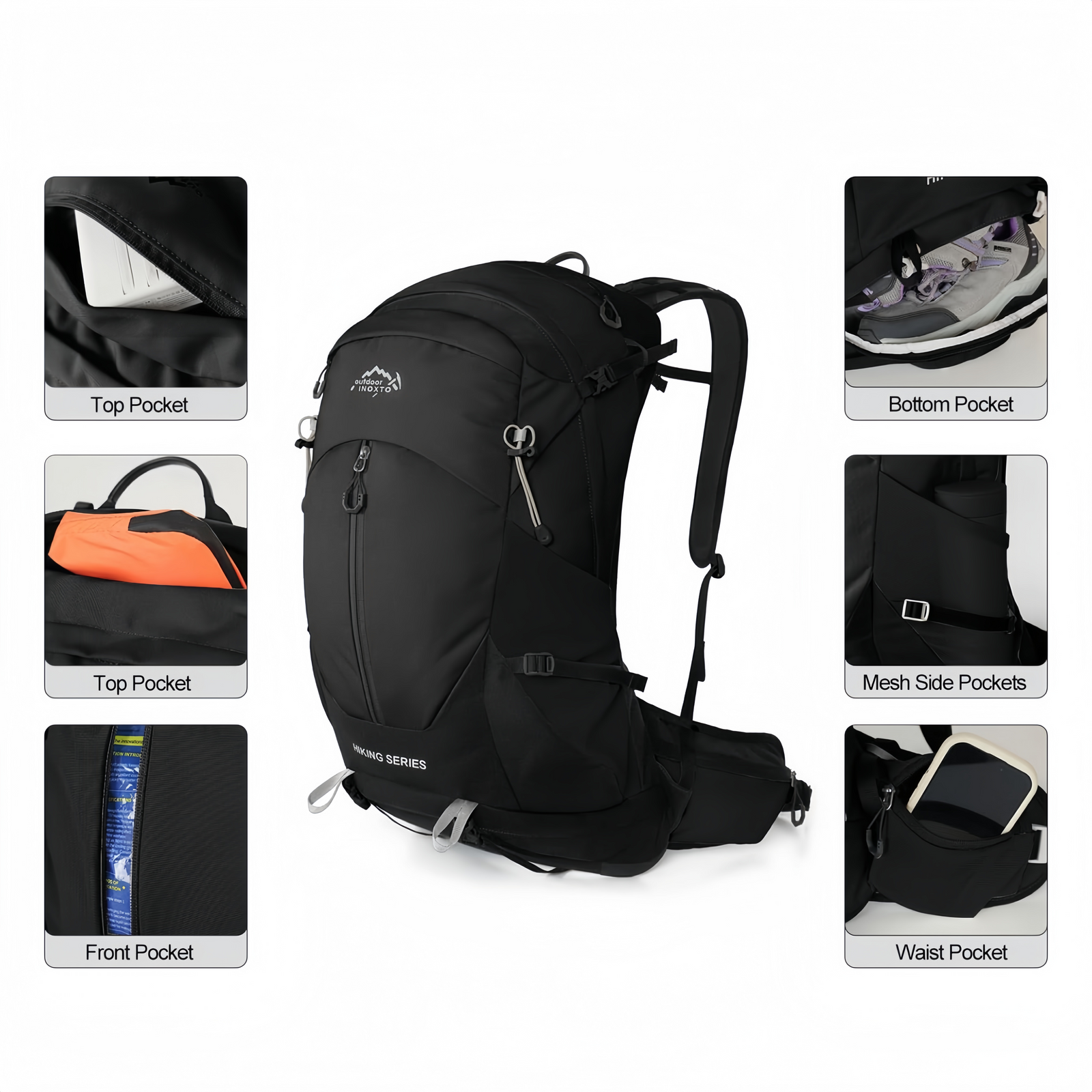 Top, front, bottom shoe, side mesh and waist pocket organisation