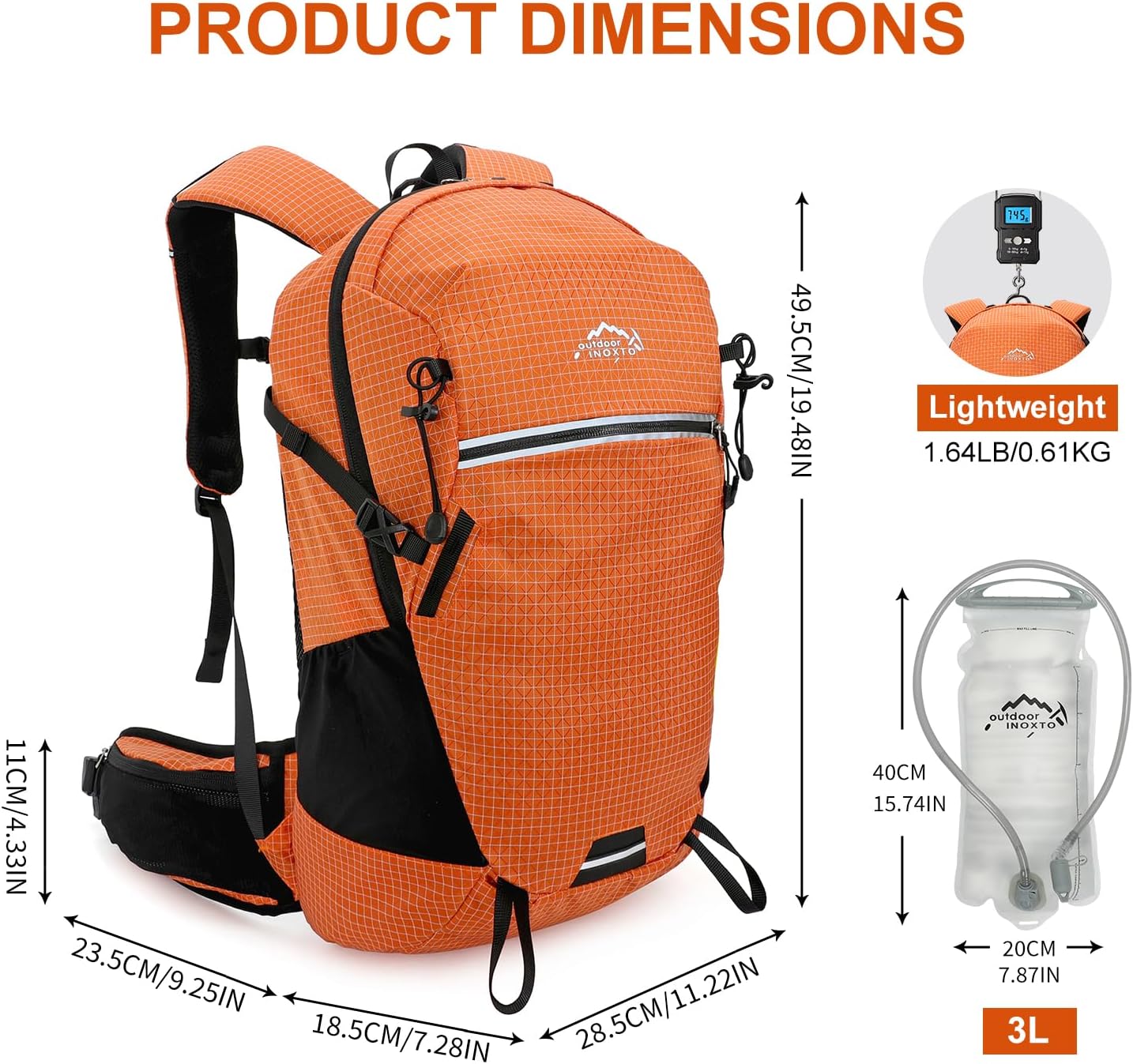 INOXTO 25L Hydration Backpack Hiking Backpack with 3L Water Bladder and Rain Cover Orange INOXTO 25L Hydration Backpack Hiking Backpack with 3L Water Bladder and Rain Cover Orange