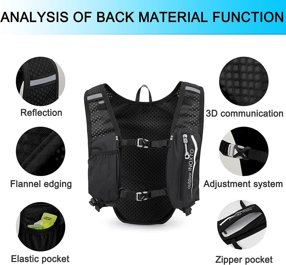 Reflective trims, 3D breathable mesh, soft edge binding, front adjustment and zippered pocket