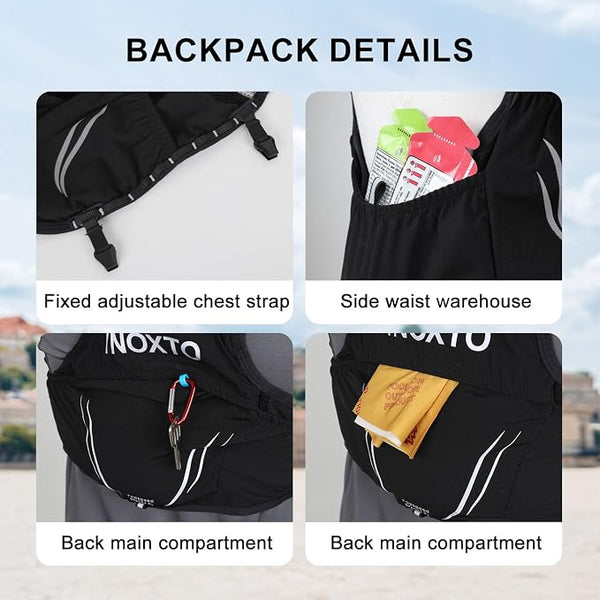 Adjustable chest strap, side waist storage and rear compartments