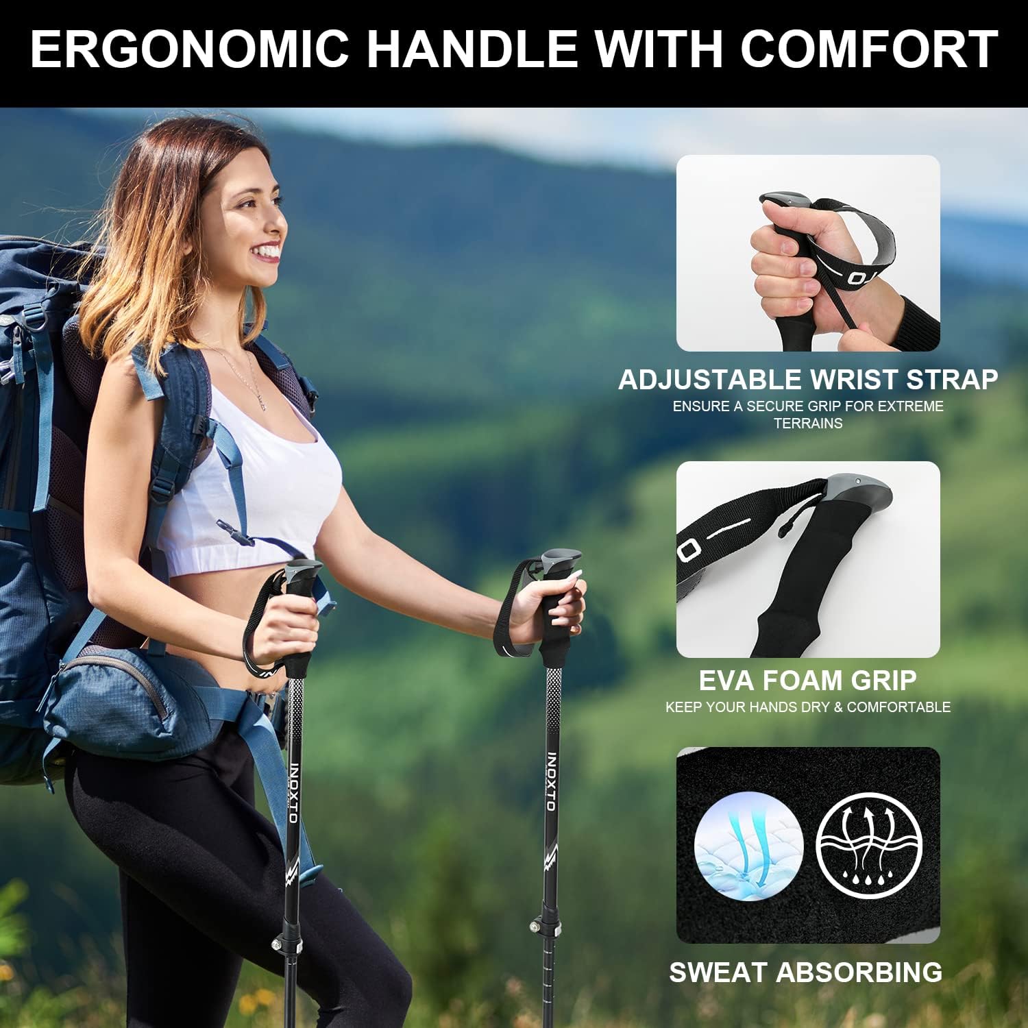 INOXTO Aircraft-Grade Aluminum Trekking Poles - 2-Pc Pack Lightweight Collapsible Nordic Hiking Poles - OUTDOOR INOXTO