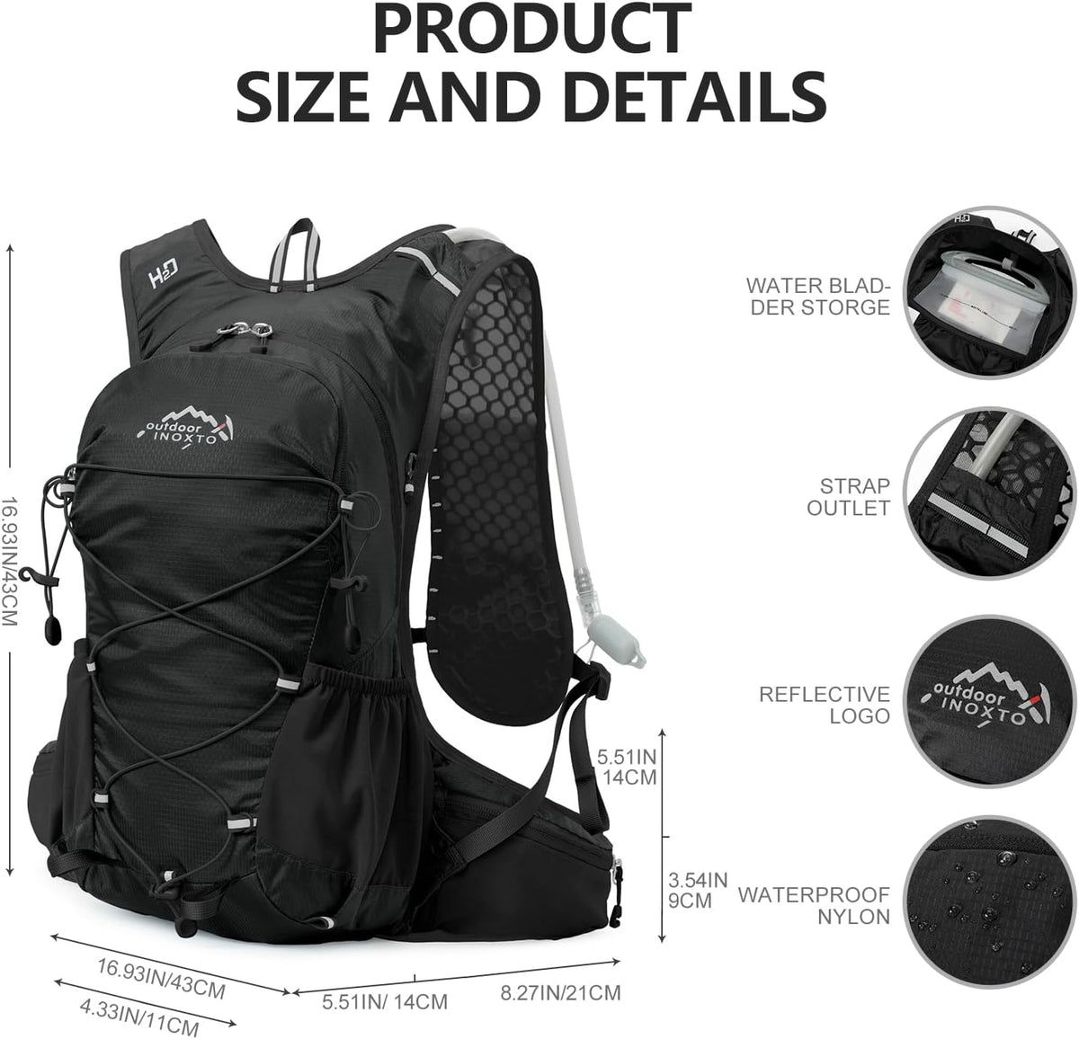 Original backpack dimensions, hydration compartment and tube outlet