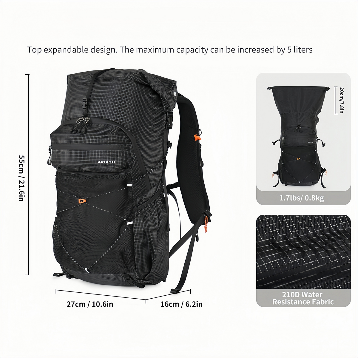 Tellus dimensions, 800 gram weight and expandable top adding up to five litres