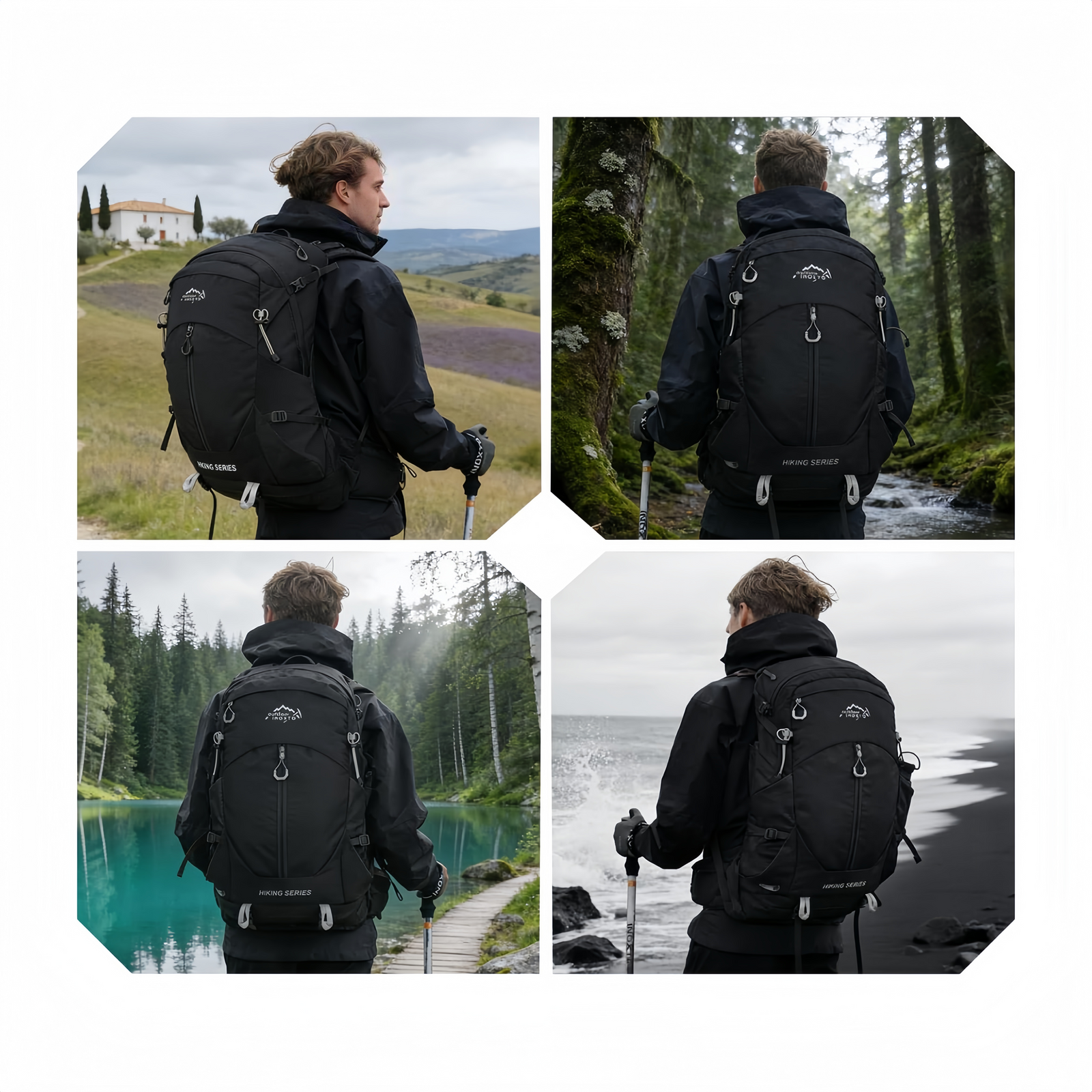 Stormy backpack shown worn in outdoor settings