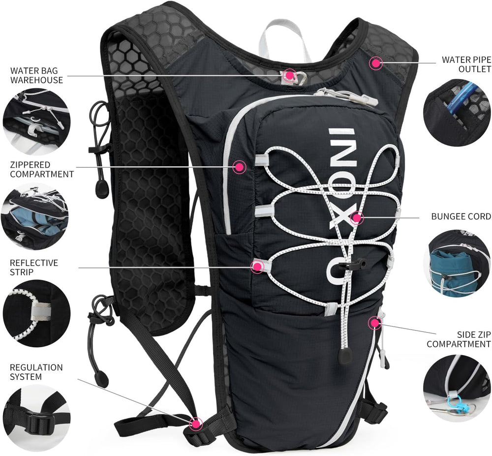Rear hydration compartment, hose outlet, zippered compartments and external bungee cord