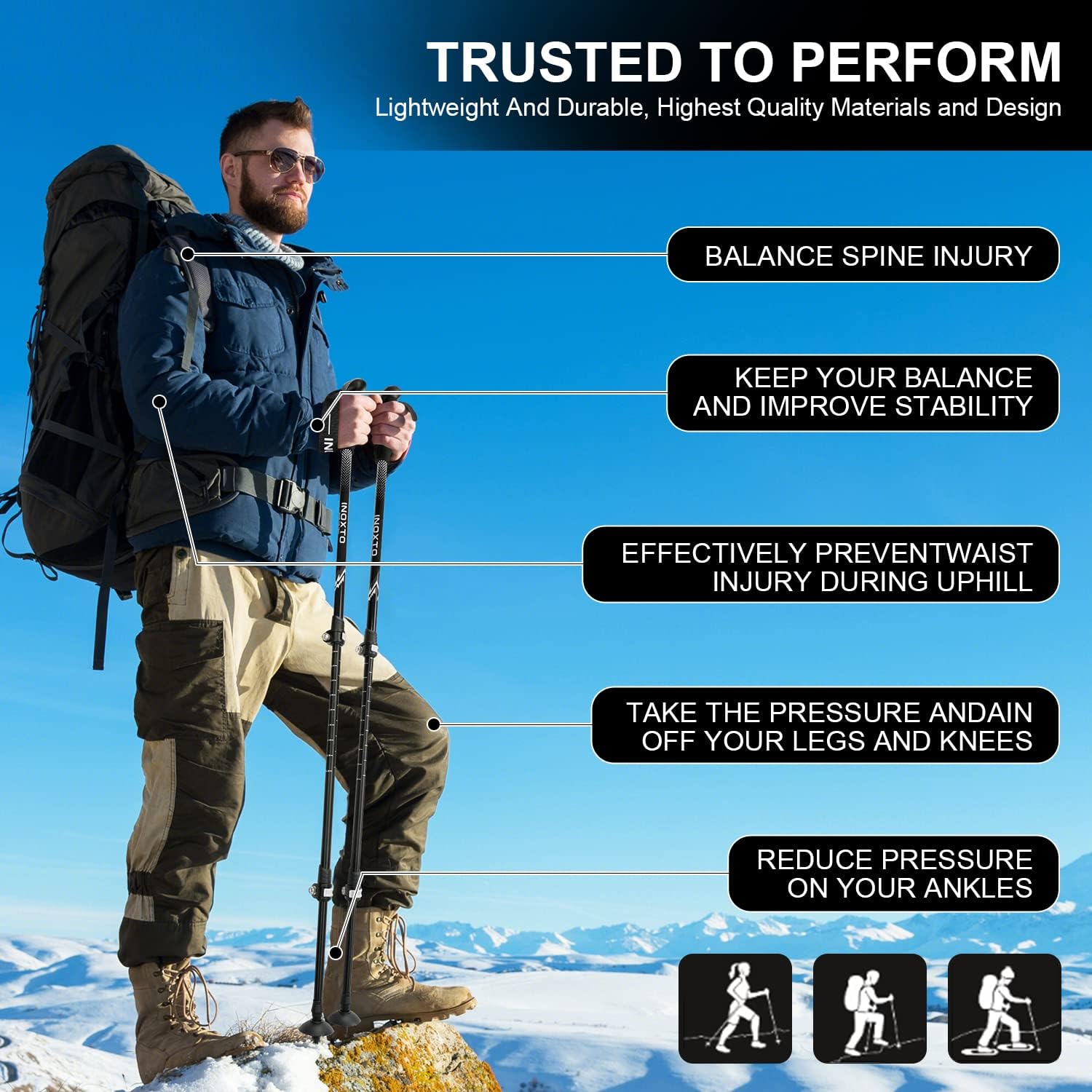 INOXTO Aircraft-Grade Aluminum Trekking Poles - 2-Pc Pack Lightweight Collapsible Nordic Hiking Poles - OUTDOOR INOXTO