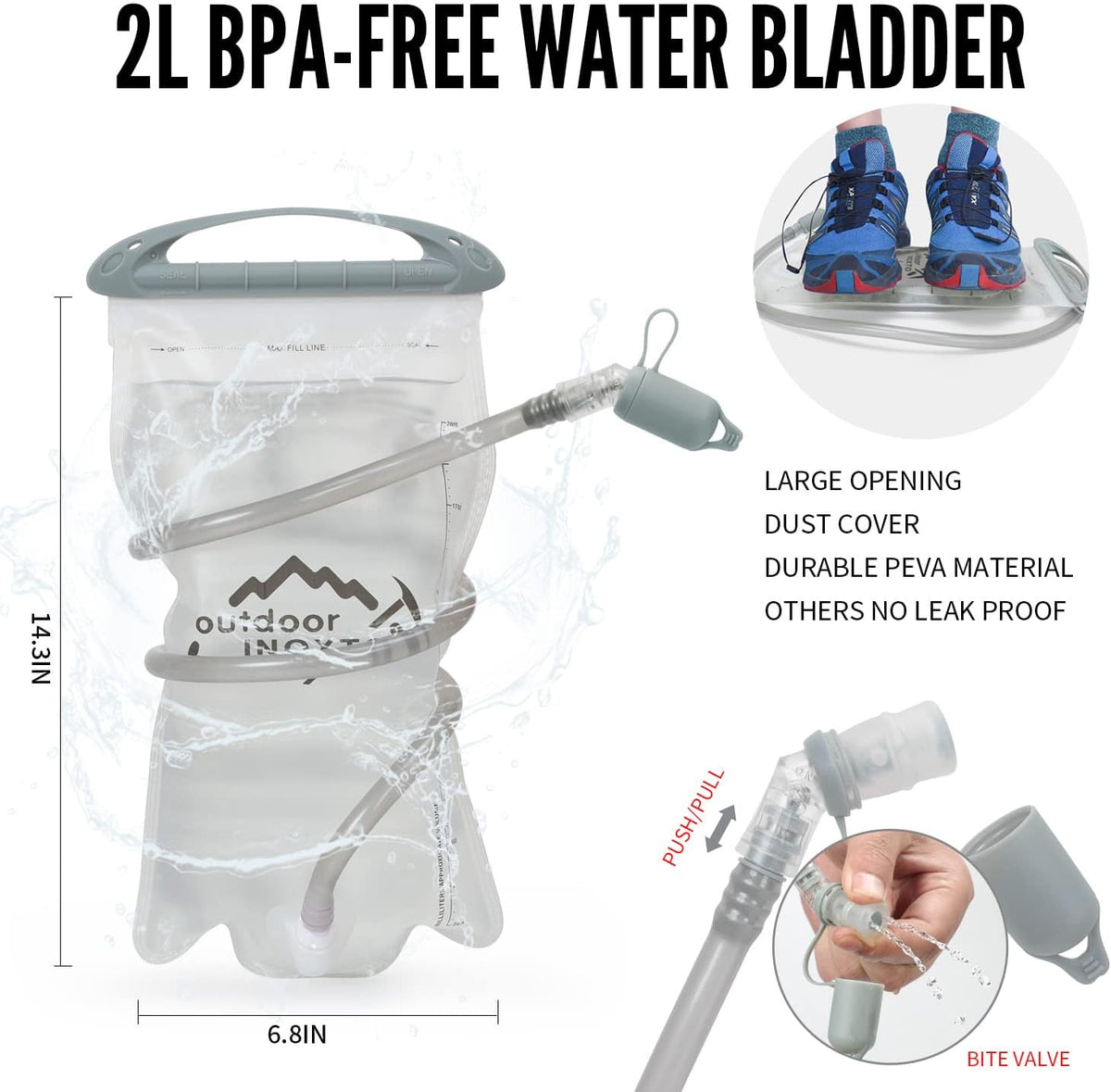 Two litre PEVA reservoir with large opening and covered bite valve